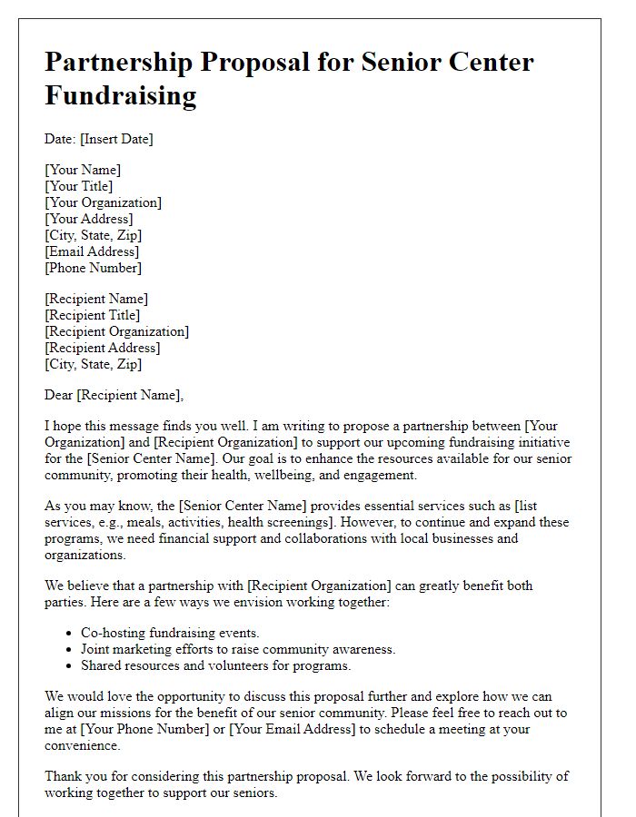 Letter template of partnership proposal for senior center fundraising.