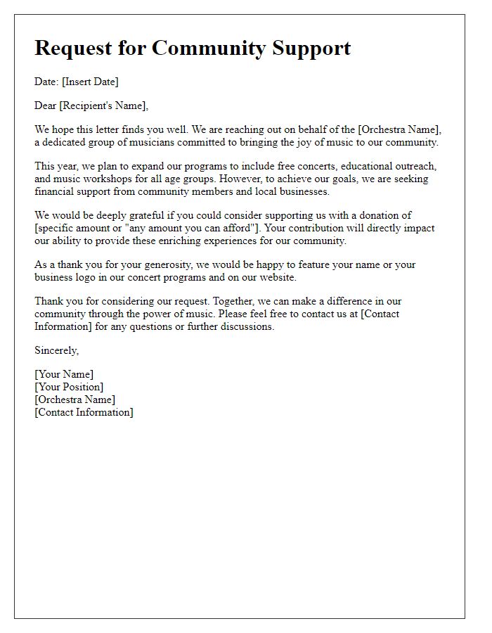 Letter template of orchestra funding request for community support.