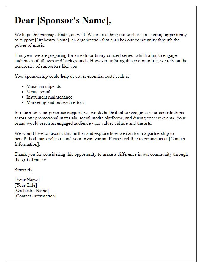 Letter template of orchestra fundraising appeal for sponsors.