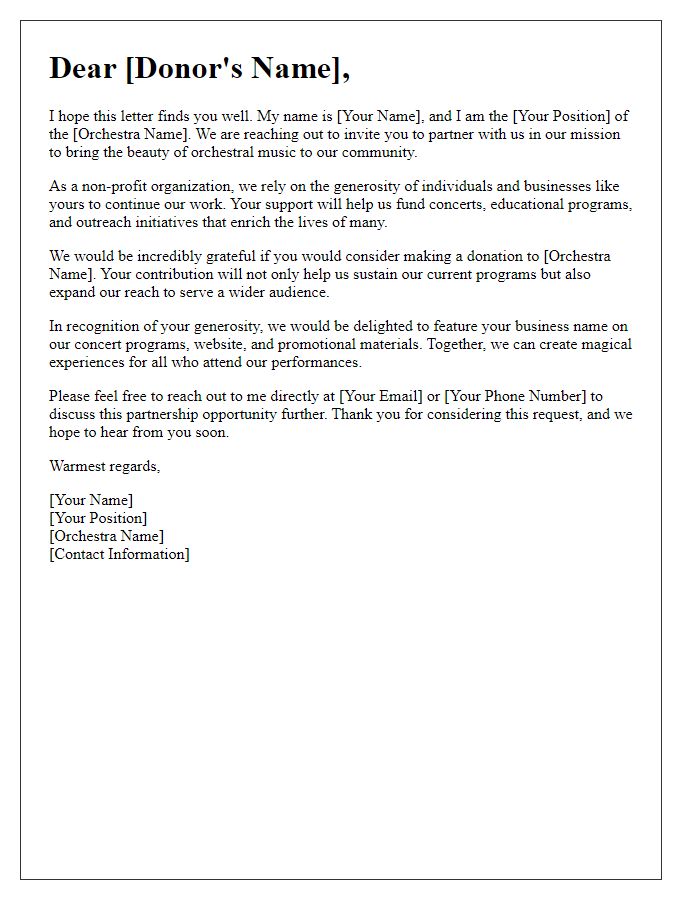 Letter template of orchestra partnership request for donations.