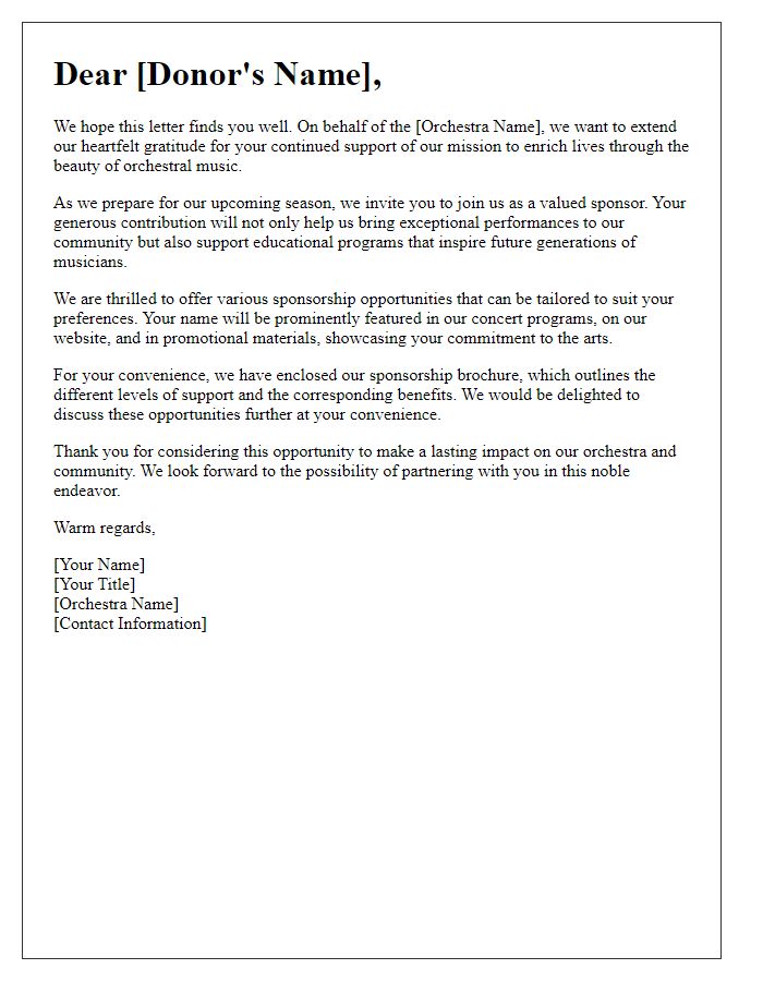 Letter template of orchestra sponsorship engagement letter for donors.