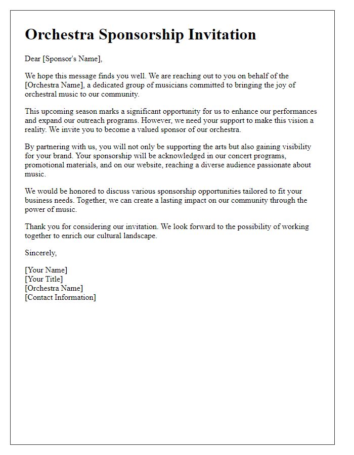 Letter template of orchestra sponsorship invitation for funding.