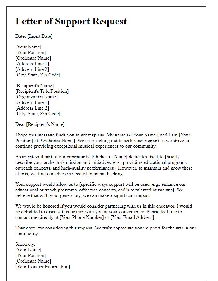 Letter template of orchestra support request for financial backing.