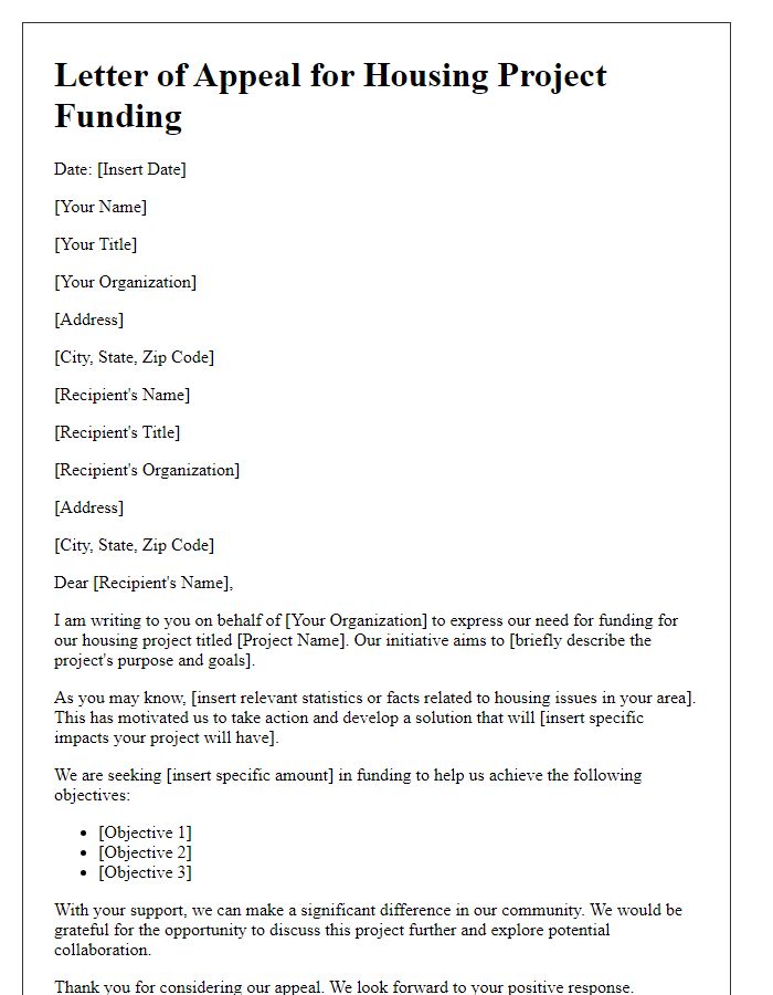 Letter template of appeal for housing project funding.