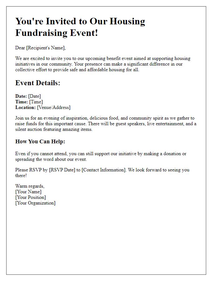 Letter template of benefit event invitation for housing fundraising.