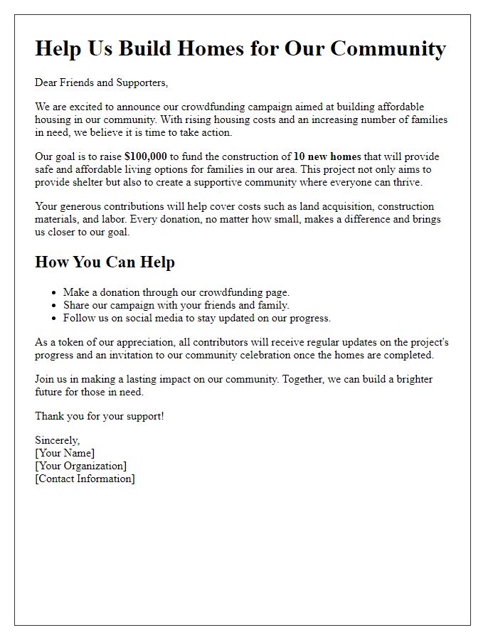 Letter template of crowdfunding campaign for housing project.