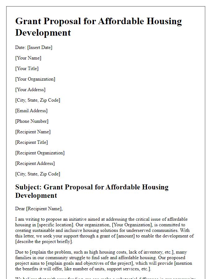 Letter template of grant proposal for affordable housing development.