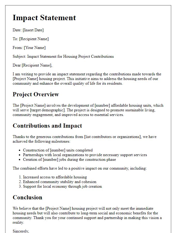 Letter template of impact statement for housing project contributions.