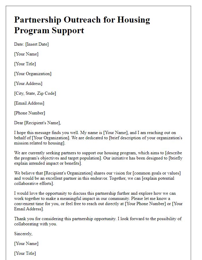 Letter template of partnership outreach for housing program support.