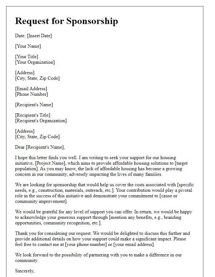 Letter template of sponsorship request for housing initiative.