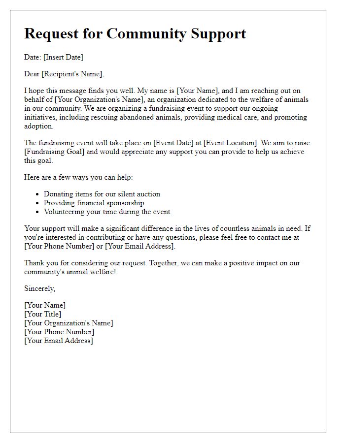 Letter template of community support request for animal welfare fundraising.