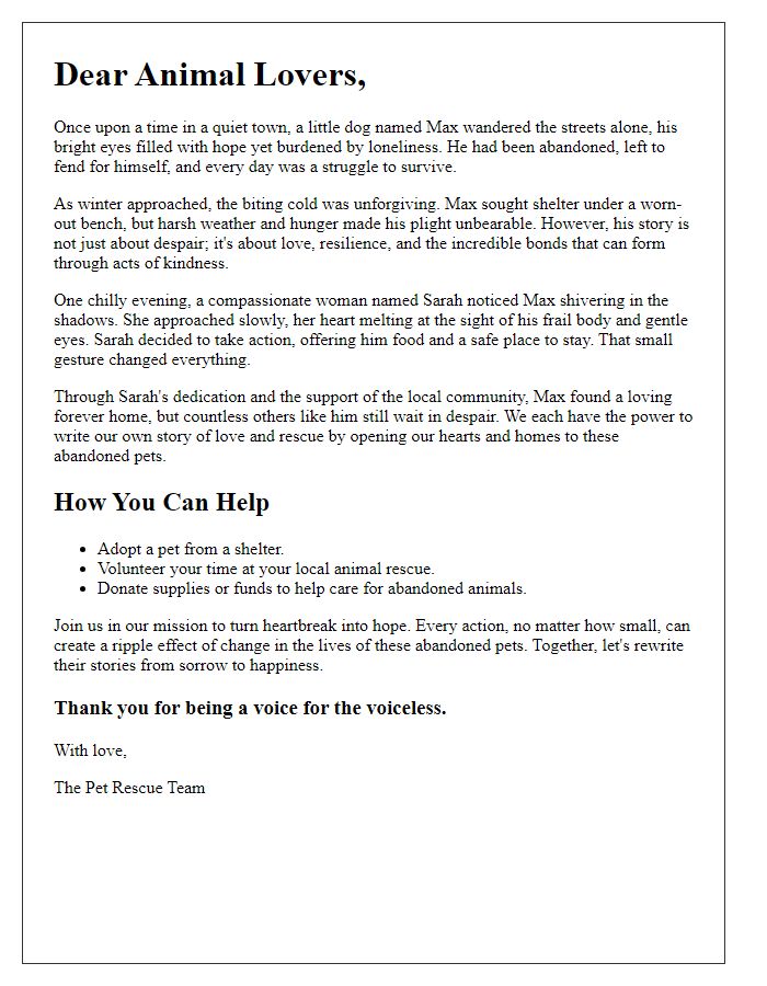 Letter template of a compelling story for rescuing abandoned pets.