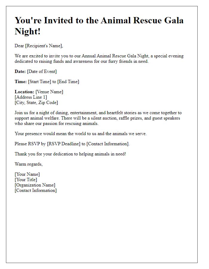 Letter template of event invitation for animal rescue gala night.