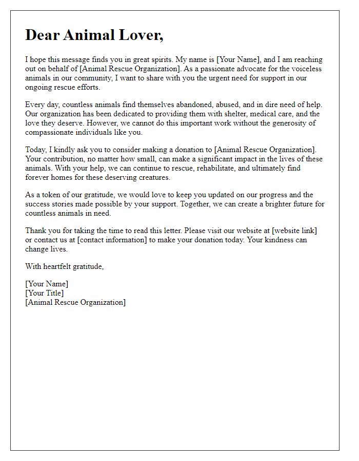 Letter template of a heartfelt appeal for animal rescue donations.