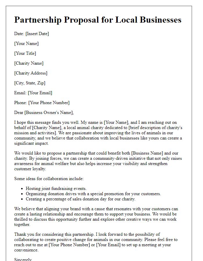 Letter template of partnership proposal for local businesses to aid animal charity.