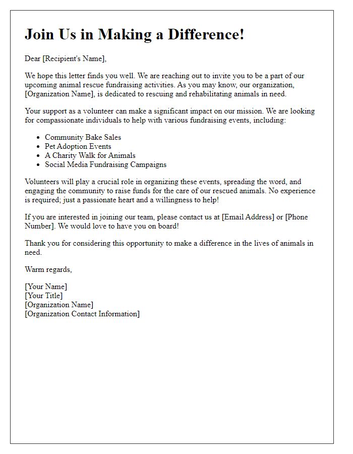 Letter template of volunteer recruitment for animal rescue fundraising activities.