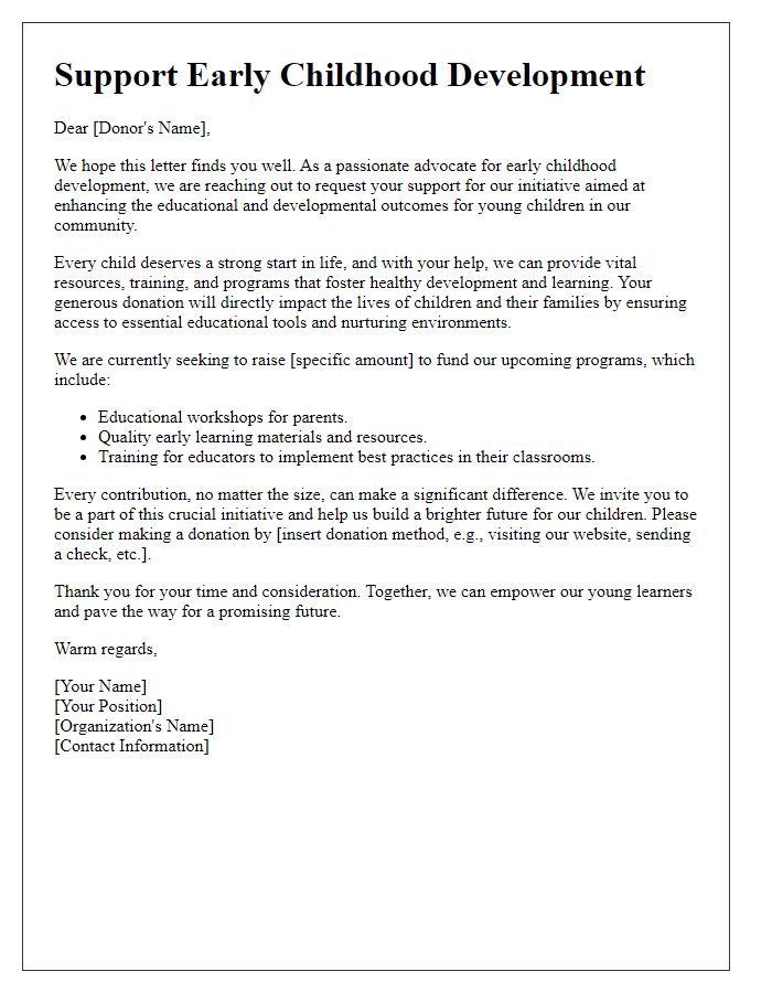 Letter template of donation appeal for early childhood development initiative.