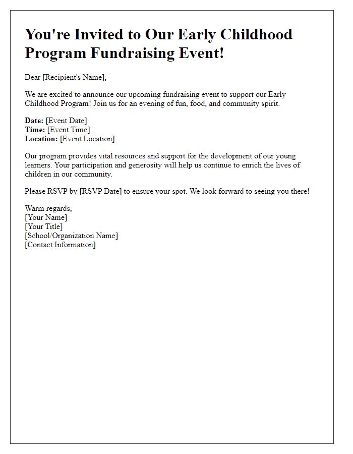 Letter template of fundraising event invitation for early childhood program.