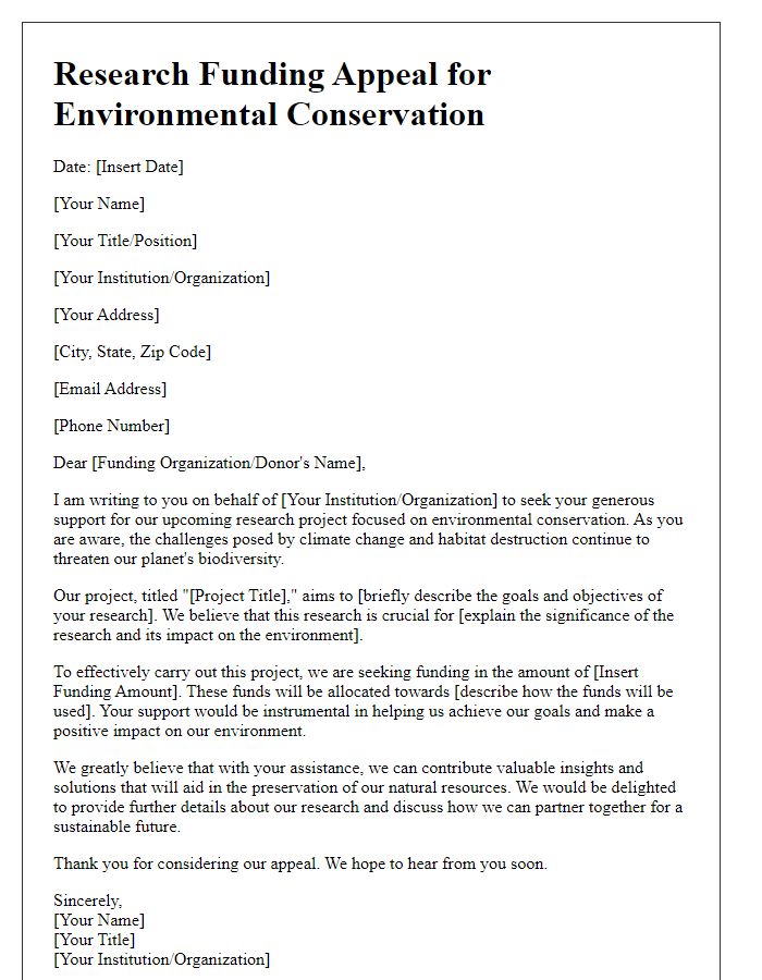 Letter template of research funding appeal for environmental conservation.