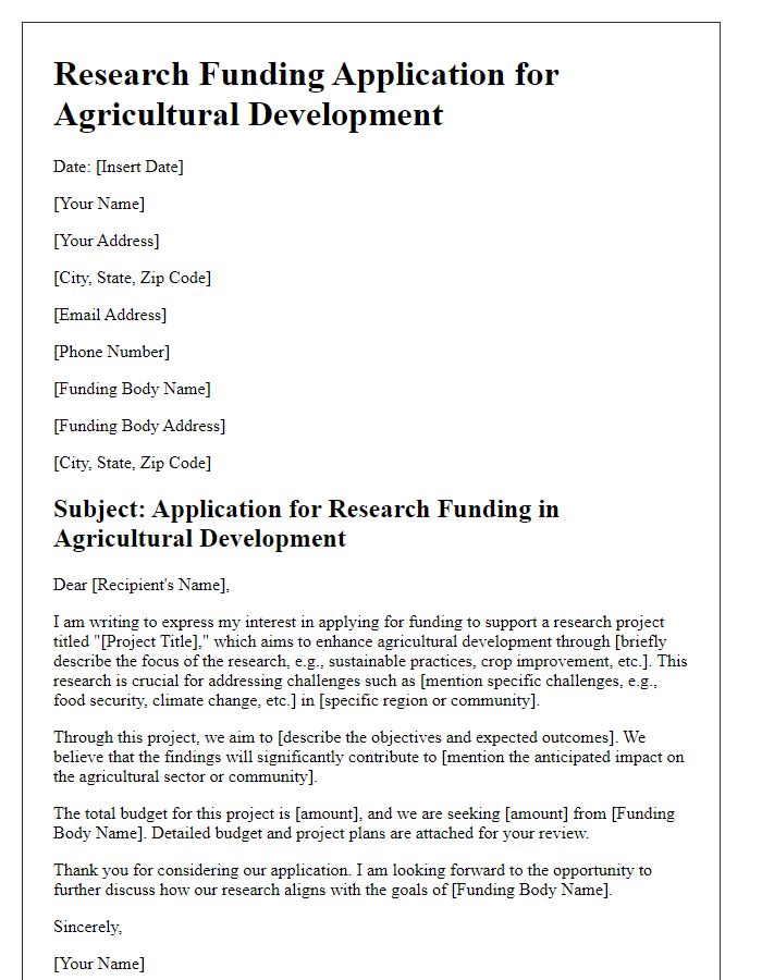 Letter template of research funding application for agricultural development.