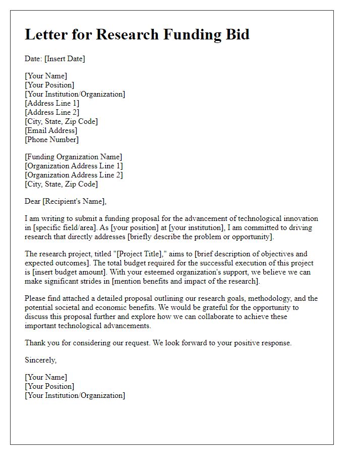 Letter template of research funding bid for technological advancements.