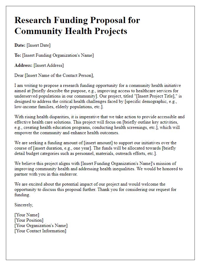 Letter template of research funding proposal for community health projects.