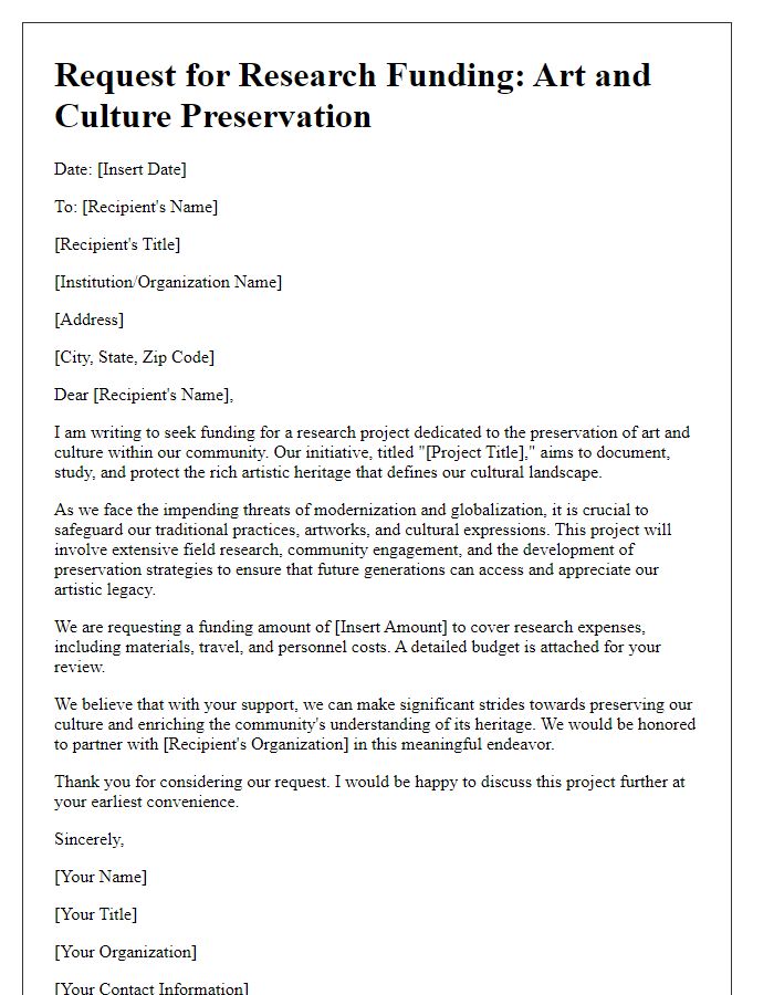 Letter template of research funding request for art and culture preservation.