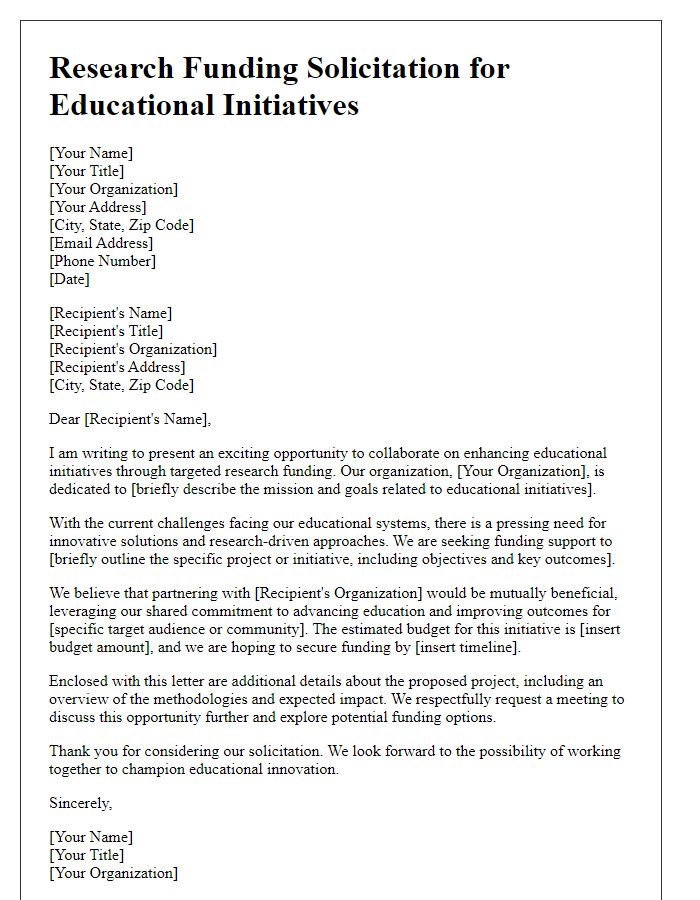 Letter template of research funding solicitation for educational initiatives.