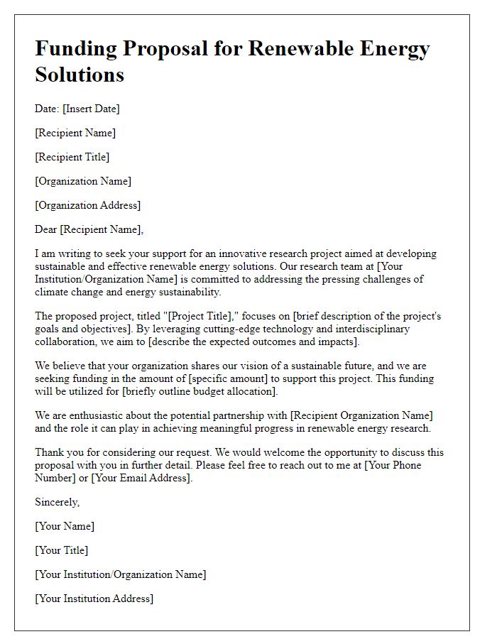 Letter template of research funding solicitation for renewable energy solutions.