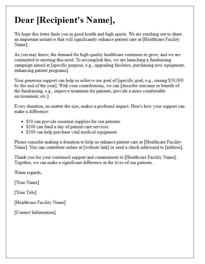 Letter template of healthcare fundraising appeal for patient care enhancement.