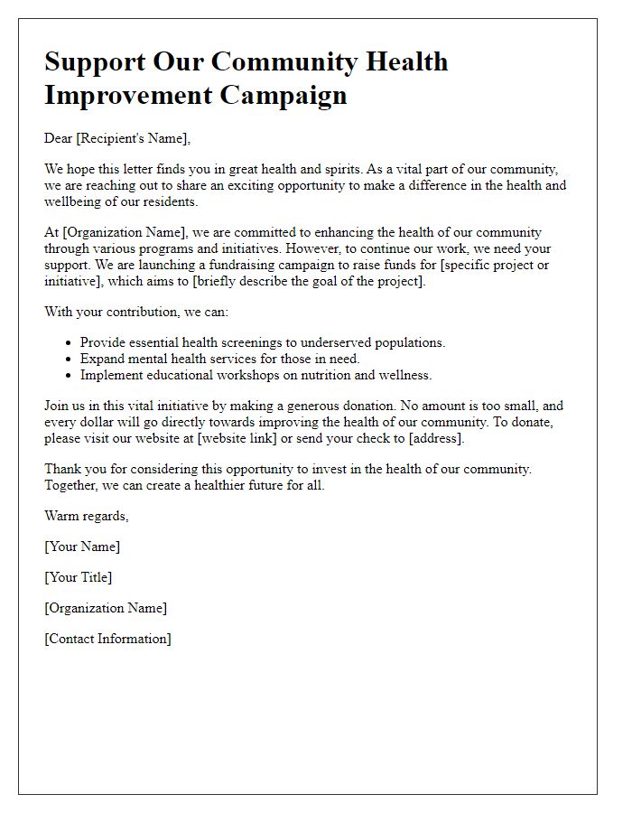 Letter template of healthcare fundraising campaign for community health improvement.