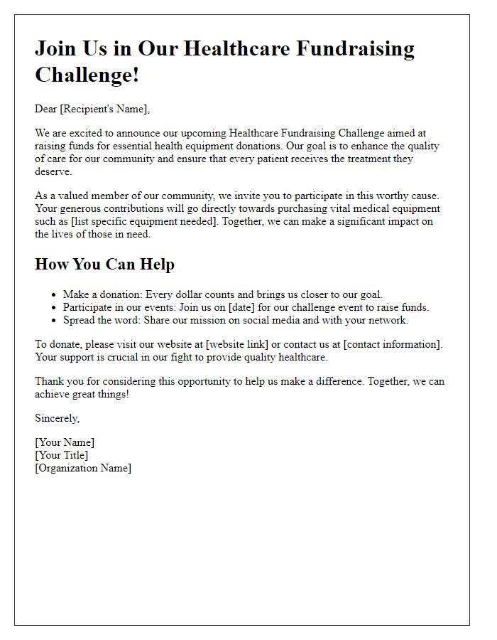 Letter template of healthcare fundraising challenge for health equipment donation.