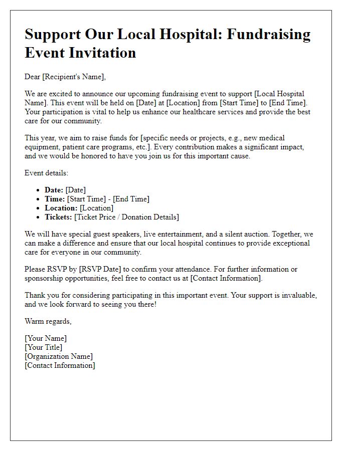 Letter template of healthcare fundraising event for local hospital support.