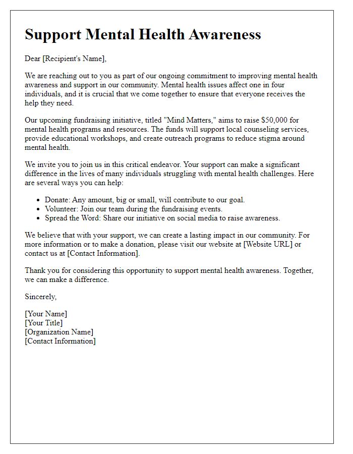 Letter template of healthcare fundraising initiative for mental health awareness.