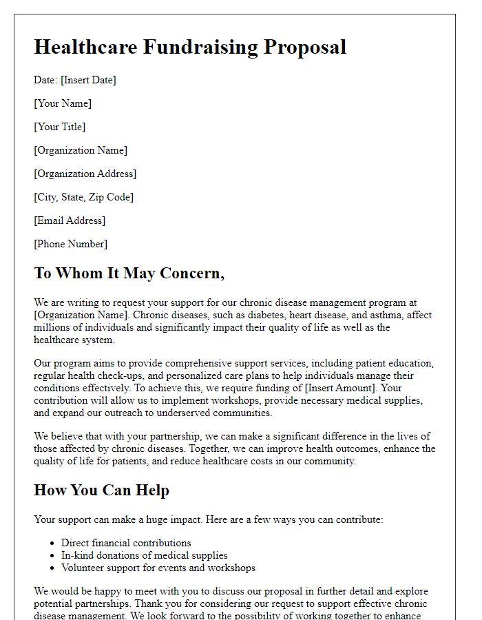 Letter template of healthcare fundraising proposal for chronic disease management.