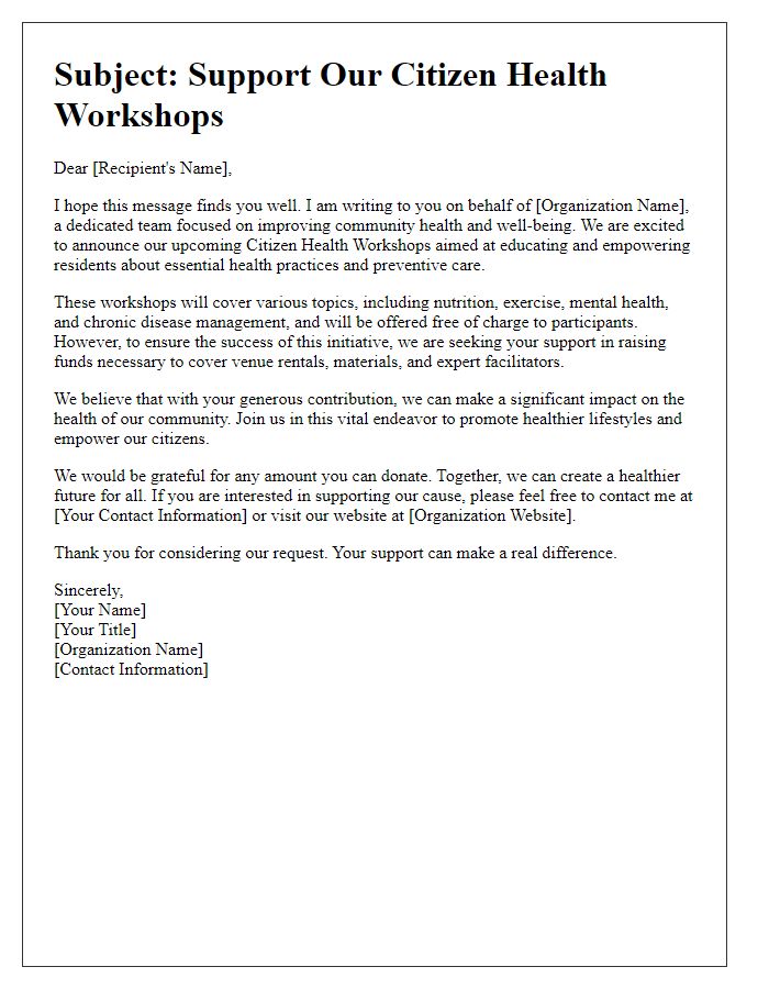 Letter template of healthcare fundraising request for citizen health workshops.