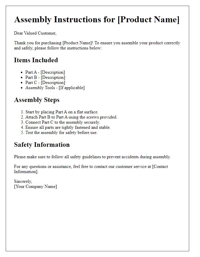 Letter template of assembly directions for your product