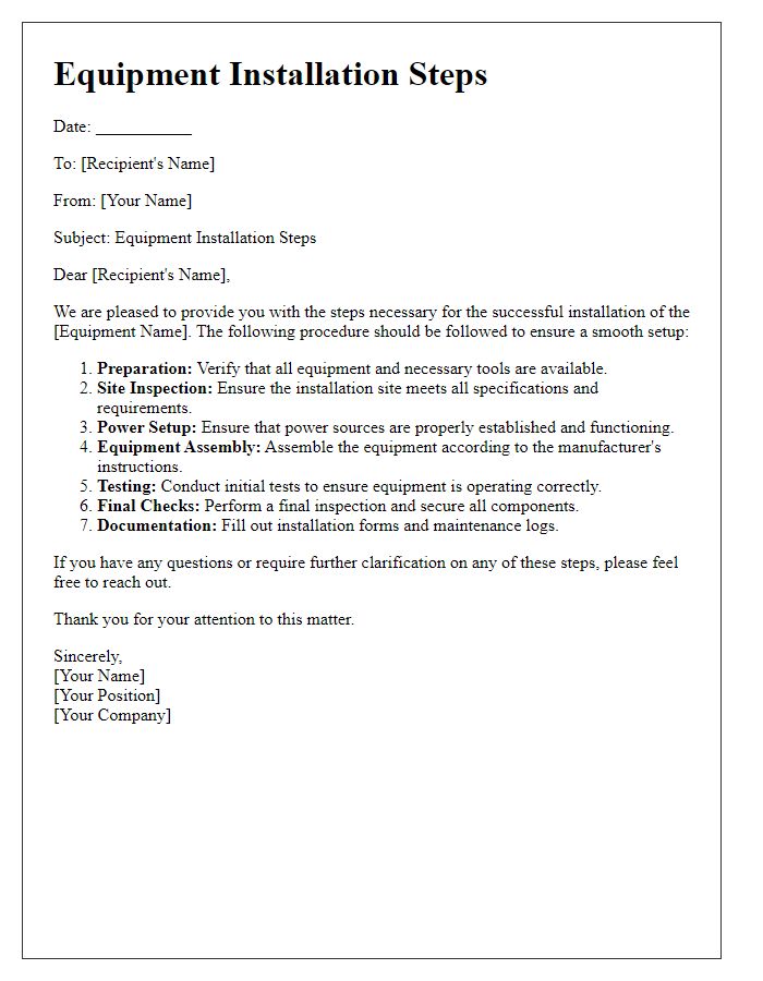 Letter template of equipment installation steps