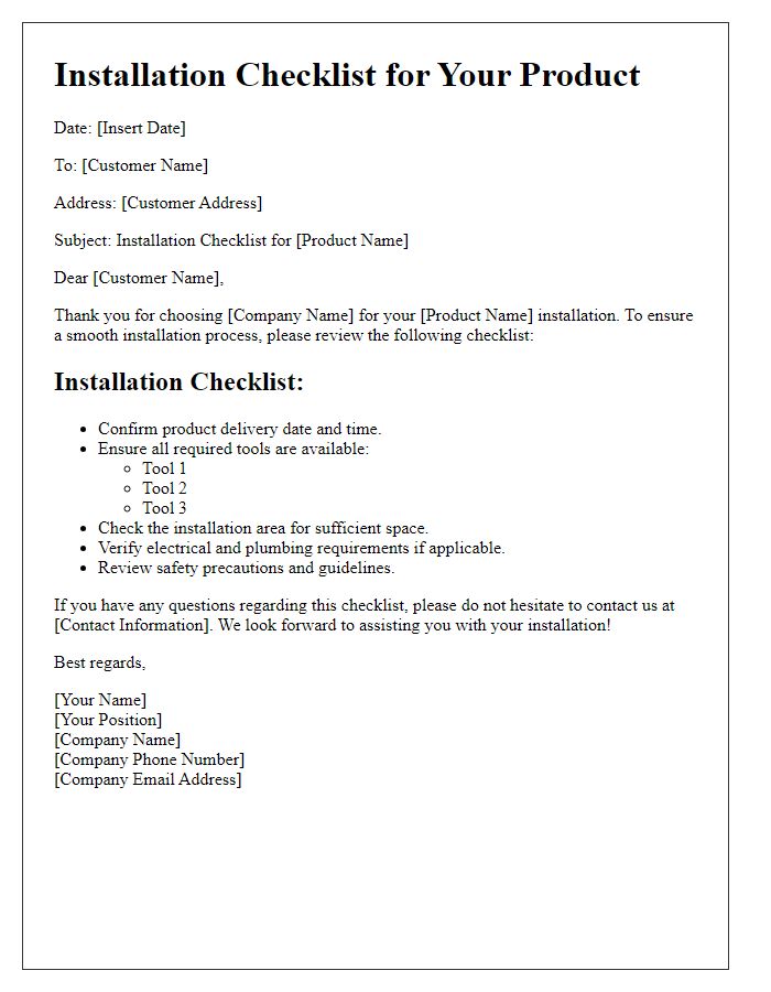 Letter template of installation checklist for your product