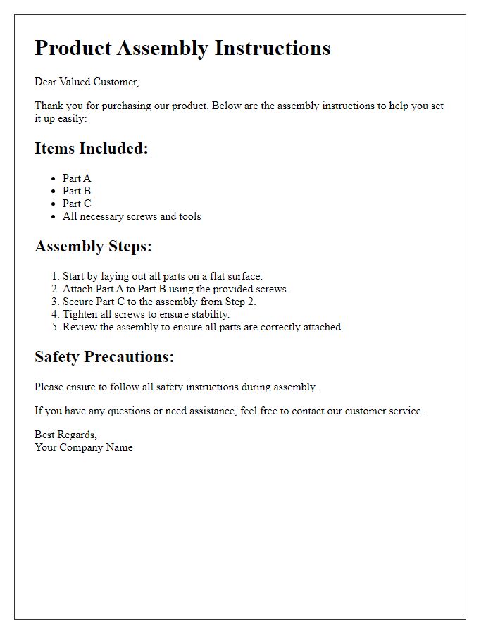 Letter template of product assembly instructions