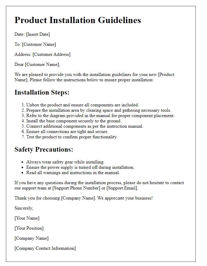 Letter template of product installation guidelines