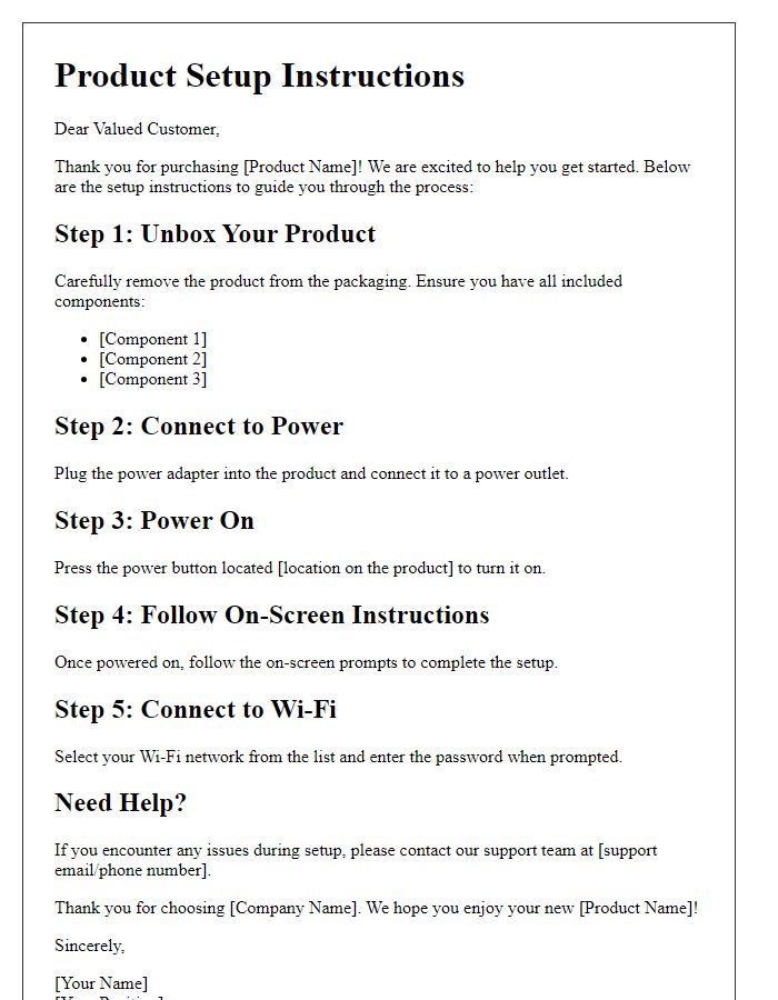 Letter template of product setup instructions