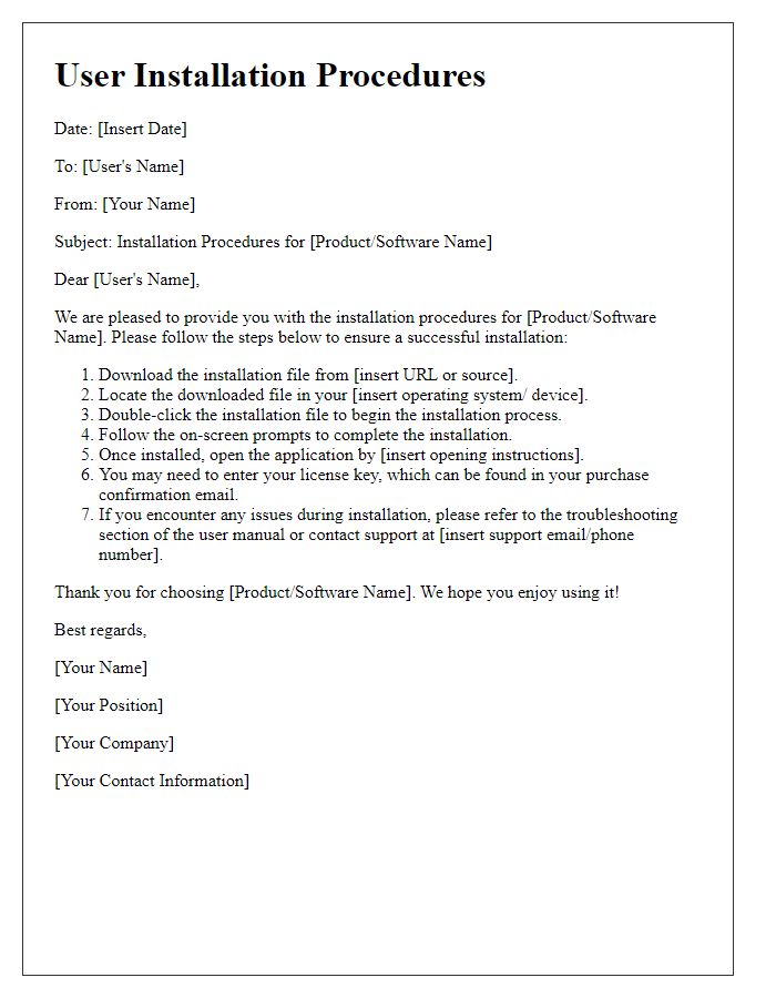Letter template of user installation procedures