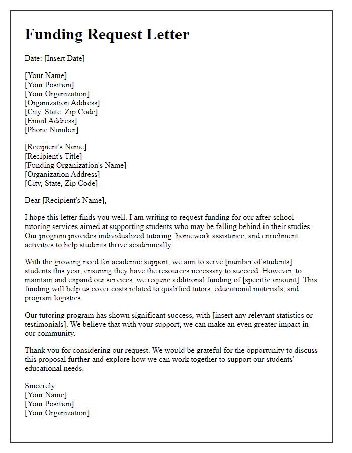 Letter template of funding request for after-school tutoring services.