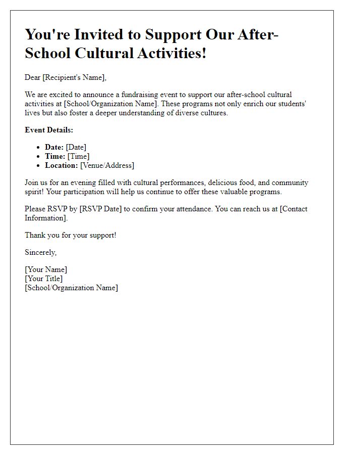 Letter template of fundraising invitation for after-school cultural activities.