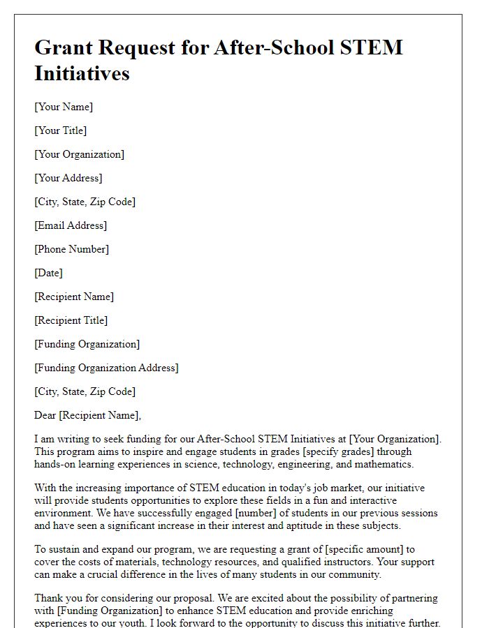 Letter template of grant request for after-school STEM initiatives.