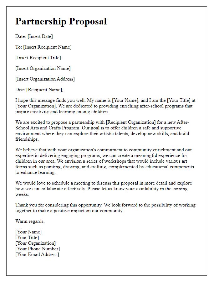 Letter template of partnership proposal for after-school arts and crafts programs.