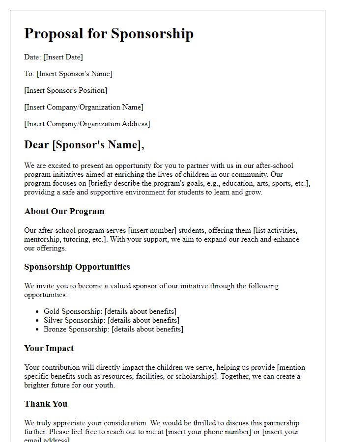 Letter template of sponsorship proposal for after-school program initiatives.