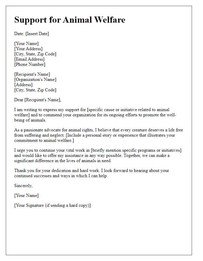 Letter template of animal welfare support letter.