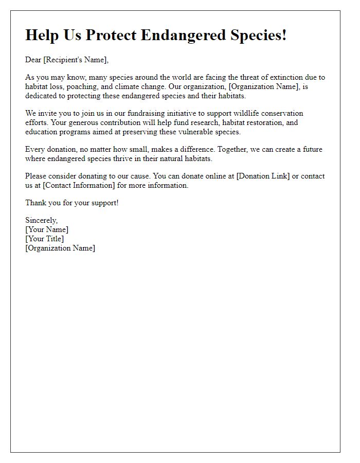 Letter template of endangered species protection fundraising initiative.